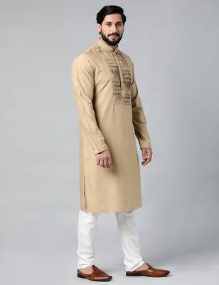 Beige cotton shell tucks embroidered cotton kurtas 3