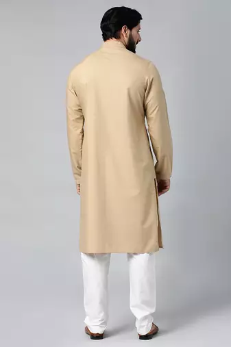 Beige cotton shell tucks embroidered cotton kurtas