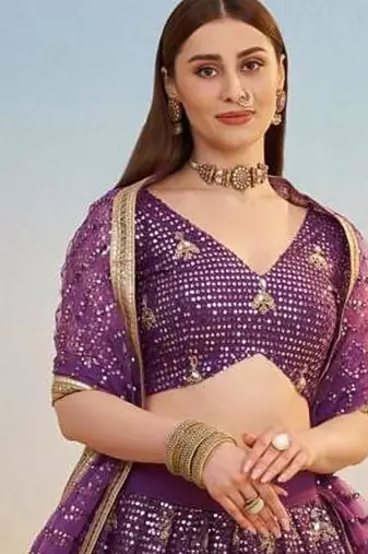 Dark Purple embroidered Net A Line Lehenga With Blouse