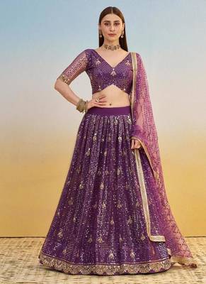 Dark Purple embroidered Net A Line Lehenga With Blouse 1