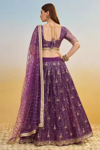 Dark Purple embroidered Net A Line Lehenga With Blouse