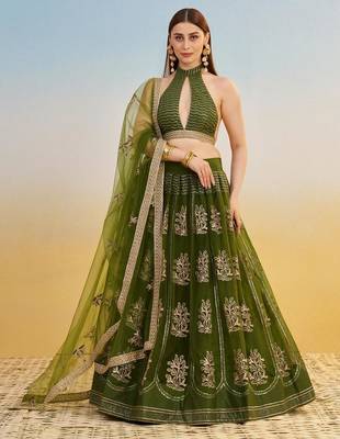 Mehendi Green Embroidered Net A Line Lehenga With Blouse 1