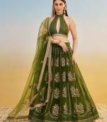Mehendi Green Embroidered Net A Line Lehenga With Blouse