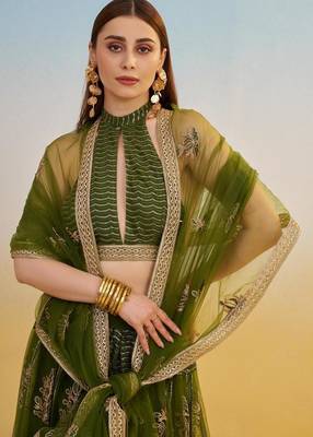 Mehendi Green Embroidered Net A Line Lehenga With Blouse 4