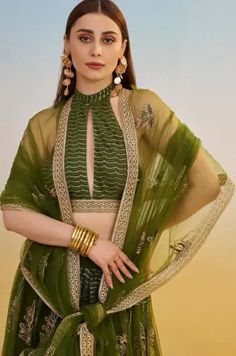 Mehendi Green Embroidered Net A Line Lehenga With Blouse