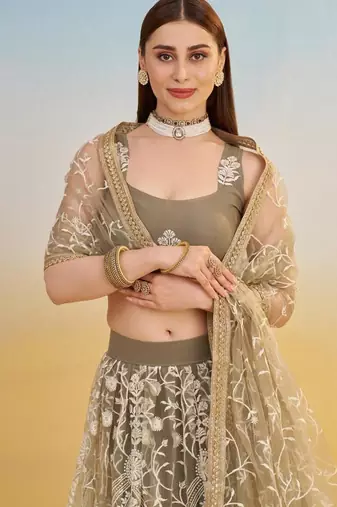 Ivory Embroidery Net A Line Lehenga With Blouse