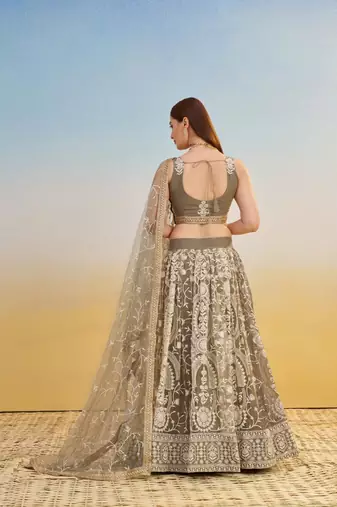 Ivory Embroidery Net A Line Lehenga With Blouse