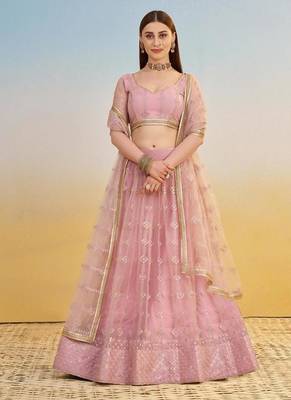 Light Pink embroidered Net A Line Lehenga With Blouse 1