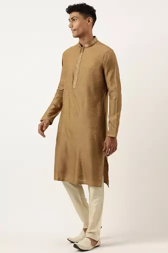 Mustard brown jacquard embroidered kurtas