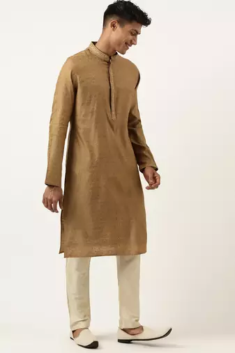 Mustard brown jacquard embroidered kurtas