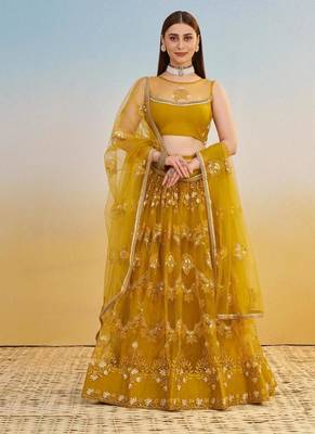 Mustard Yellow Embroidered Net A Line Lehenga With Blouse 1