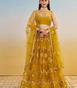 Mustard Yellow Embroidered Net A Line Lehenga With Blouse