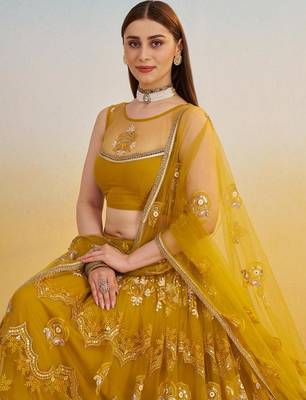 Mustard Yellow Embroidered Net A Line Lehenga With Blouse 3