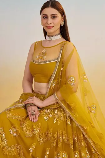 Mustard Yellow Embroidered Net A Line Lehenga With Blouse