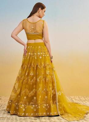 Mustard Yellow Embroidered Net A Line Lehenga With Blouse 4