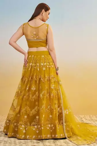 Mustard Yellow Embroidered Net A Line Lehenga With Blouse