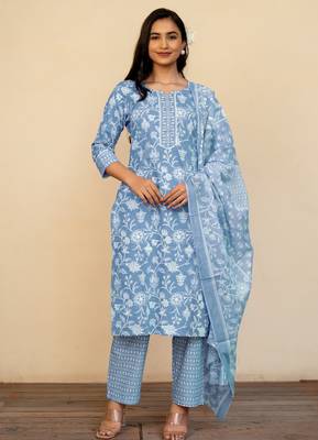 Women's Light Blue Cotton Floral Print Kurta Set With Dupatta & Trouser 1