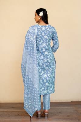 Women's Light Blue Cotton Floral Print Kurta Set With Dupatta & Trouser 2