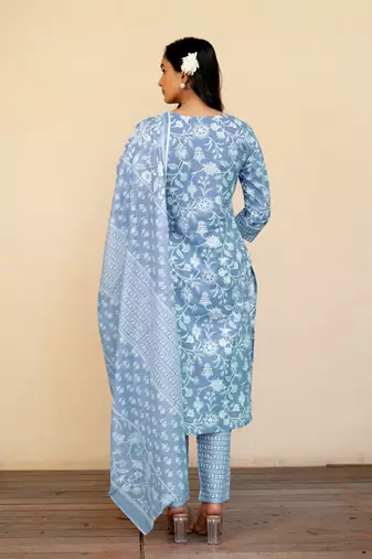 Women's Light Blue Cotton Floral Print Kurta Set With Dupatta & Trouser