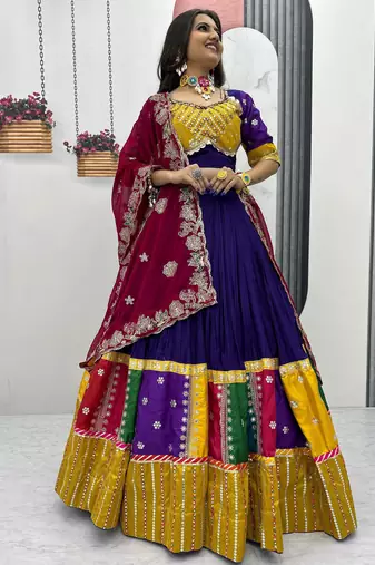 Purple Pure Cotton Embroidered Navratri Wear Lehenga Choli