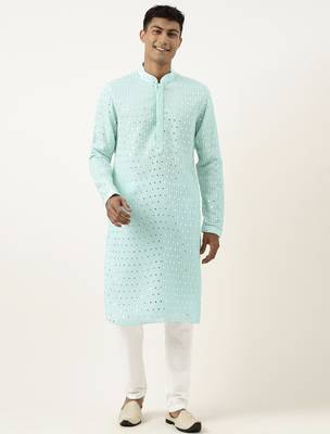 Aqua blue mirror embroidered gerogette kurtas 1
