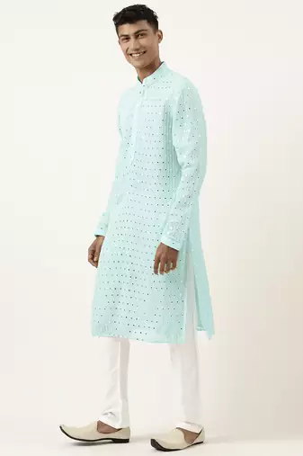 Aqua blue mirror embroidered gerogette kurtas