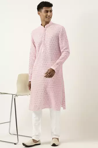 Baby pink mirror embroidered kurtas