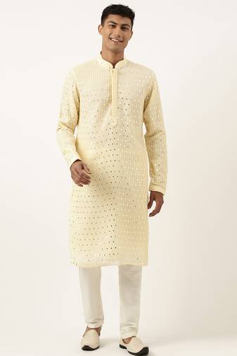 Lemon yellow mirror embroidered kurtas