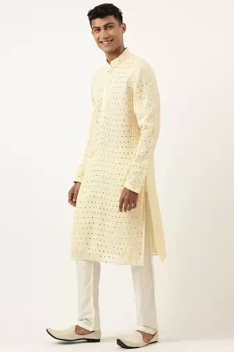 Lemon yellow mirror embroidered kurtas
