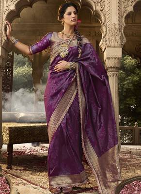 Wine banarasi silk blend wedding wear saree 1