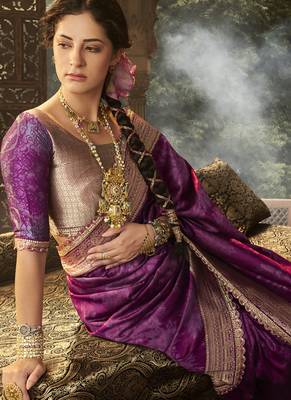 Wine banarasi silk blend wedding wear saree 2