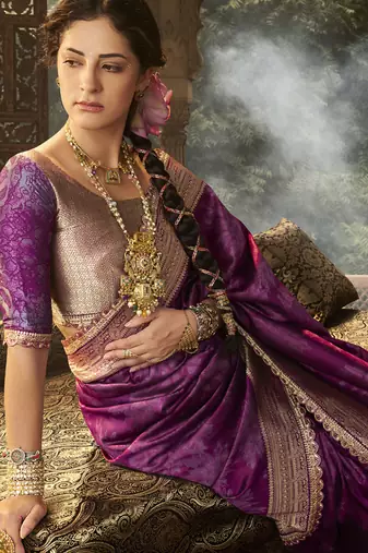 Wine banarasi silk blend wedding wear saree