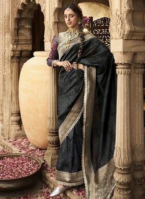 Black banarasi silk blend wedding wear saree 1