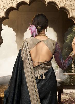 Black banarasi silk blend wedding wear saree 2
