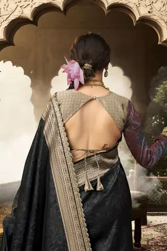 Black banarasi silk blend wedding wear saree