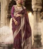 Maroon banarasi silk blend wedding wear saree