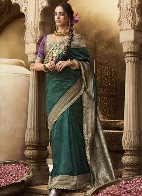 Green banarasi silk blend wedding wear saree 1