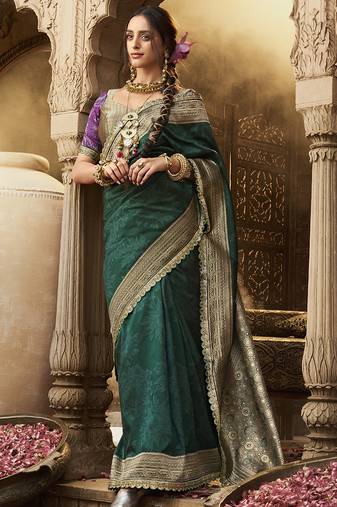 Green banarasi silk blend wedding wear saree