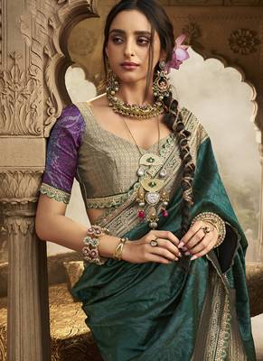 Green banarasi silk blend wedding wear saree 2