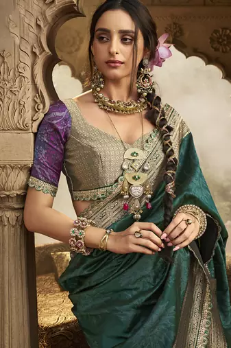 Green banarasi silk blend wedding wear saree