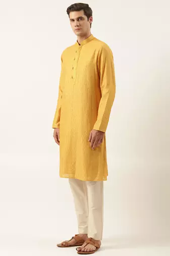 Mustard yellow embroidered kurtas