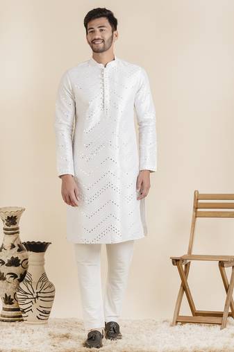 White silk mirror embroidered kurtas