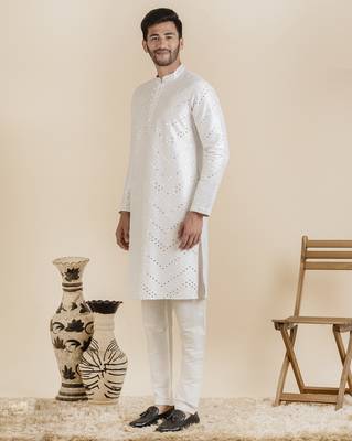 White silk mirror embroidered kurtas 3