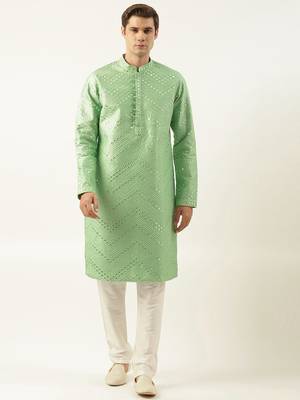 Light green silk mirror embroidered kurtas 1