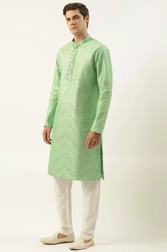 Light green silk mirror embroidered kurtas