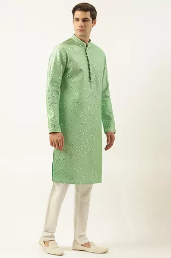 Light green silk mirror embroidered kurtas