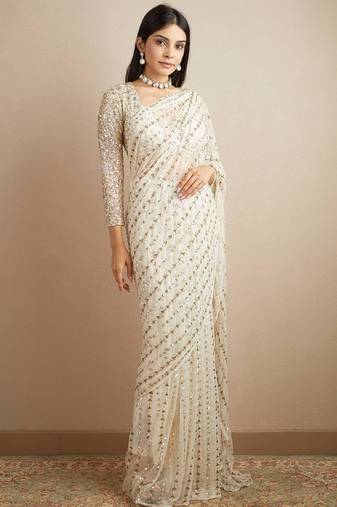 white Georgette sequin saree With Blouse Set