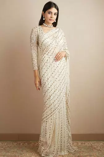 white Georgette sequin saree With Blouse Set