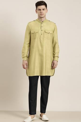 Greenish beige cotton short pathani