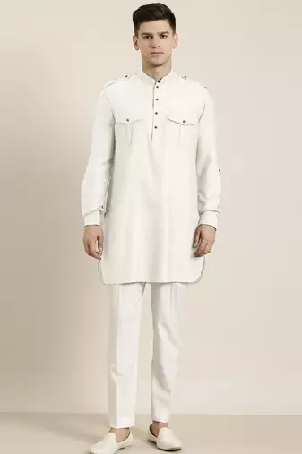Off white cotton short pathani